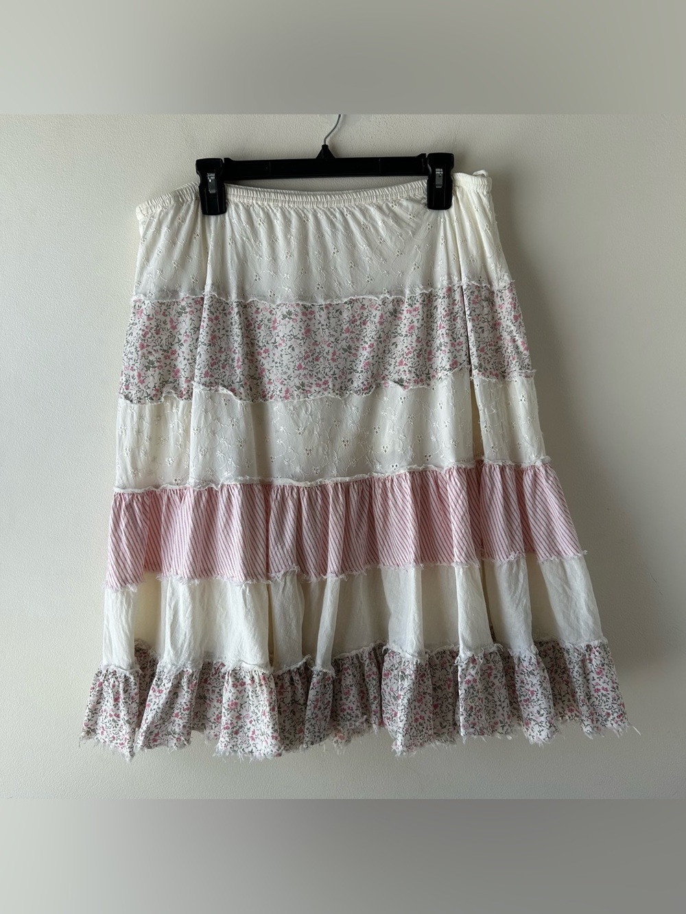 Vintage Y2K No Boundaries 100% Cotton Tiered Patchwork Ruffle Midi Skirt Pink L - Picture 4 of 9